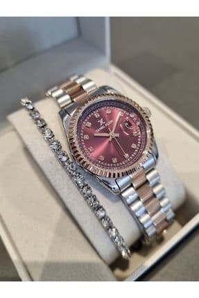 YENİ MODEL DK - Rose Bicolor Çelik Bilezik Mürdüm Kadran Kadın Kol Saati+hediye Bileklik