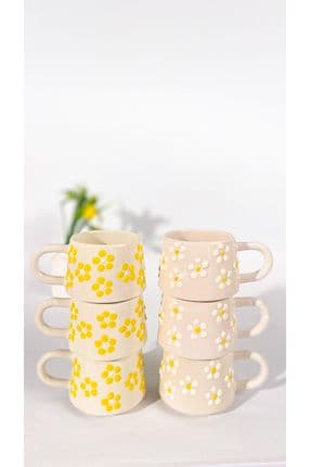 El Yapımı Seramik 6'lı Kahve Kupa Seti, Double, Sarı Beyaz Kır Papatyaları Kahve Fincanı, Mug