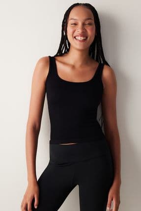 Seamless Square Neck Siyah Üst