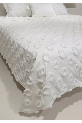 Ponponlu Delux Çift Kişilik Yatak Örtüsü 240x 250 2 Adet Yastık - Ekru -