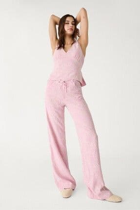 Keten karışımlı işlemeli straight fit pantolon