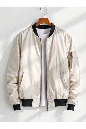 Unisex Bej Oversize Çift Cepli Bomber Ceket Kolej Ceket