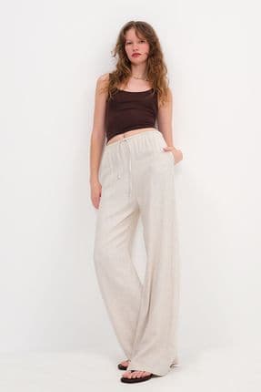 Keten Karışımlı Bağlamalı Wide Leg Pantolon PN16649