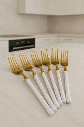 6 Adet Beyaz Detaylı Gold Çatal Takımı | 6 Parça Lüks Yemek Çatal Takımı