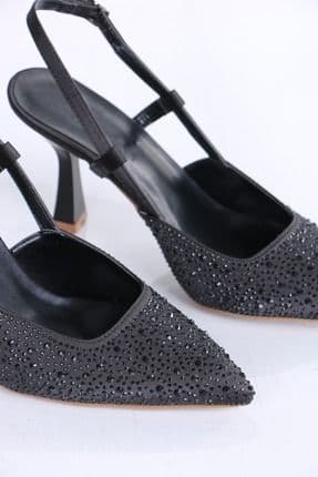 Harmin Shoes Hera Taşlı Kadın Topuklu Ayakkabı Siyah Saten