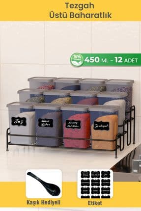 12 li 450 ml Baharatlık Seti Etiket ve Kaşık Hediyeli Metal Standlı Baharatlık
