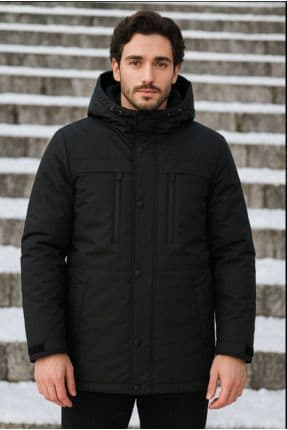 Erkek Siyah Polarlı Su Ve Rüzgar Geçirmez Kapüşonlu Kışlık Mont & Kaban & Parka