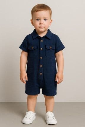 Unisex Bebek&Çocuk %100 Pamuklu Tahta Düğmeli Cepli Müslin Tulum-Mavi