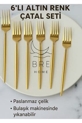 6 adet paslanmaz çelik gold titanyum kaplama yemek çatalı