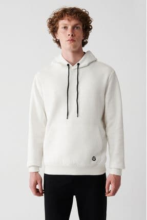 Erkek Beyaz Kapüşonlu 3 Iplik Şardonlu Pamuklu Sweatshirt E001018