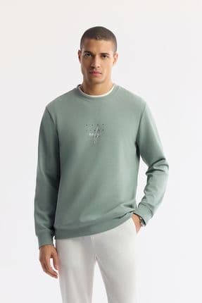 Erkek Mint Yeşil Bisiklet Yaka Baskılı Bi Stretch Interlok Sweatshirt A51y1235