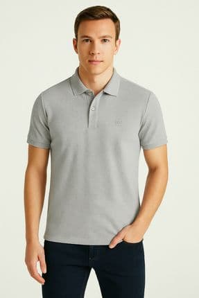 Regular Fit Gri %100 Pamuklu Uzun Ömürlü Kıvrılmaz Polo Yaka Nakışlı T-shirt
