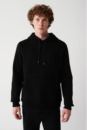 Erkek Siyah Kapüşonlu 3 Iplik Şardonlu Pamuklu Sweatshirt E001018