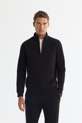 Erkek Siyah Dik Yaka Fermuarlı 3 Iplik Şardonlu Sweatshirt E001020