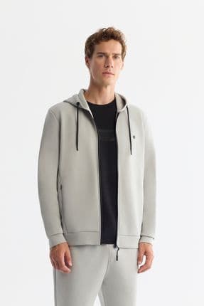 Erkek Gri Kapüşonlu Interlok Kumaş Fermuarlı Sweatshirt B001102
