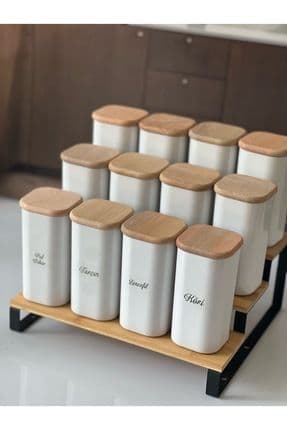 12'li 250 ml  Bambu Stantlı Vakumlu Ahşap Kapaklı Porselen Görünümlü Akrilik Baharatlık Kaşık Etiket