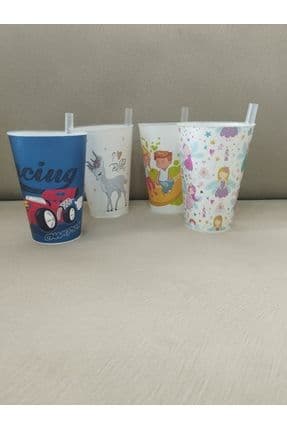 Pipetli Kamışlı Bardak 4lü Set Karma Renkler