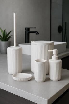 Mina Beyaz Çizgili Yuvarlak Banyo Seti