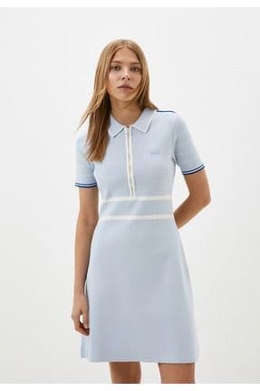 Kadın Flare Fit Polo Yaka Mavi Elbise
