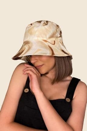 14291 Geniş Siperli Batik Desenli Bej Bucket Şapka