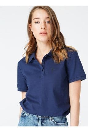 Polo Yaka Basic Düz Lacivert Kadın T-shirt - Deep