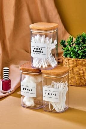 3'lü Ahşap Kapaklı Akrilik Kulak Pamuğu & Pamuk & Diş Ipi Organizeri 250 Ml Banyo Seti