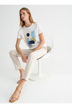 Comfort Bisiklet Yaka Varaklı Beyaz Kadın T-shirt Cm-burton