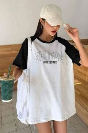 Unisex Pamuk Beyaz Kolları Siyah Sports Baskılı Bisiklet Yaka Oversize Boyfriend T-shirt