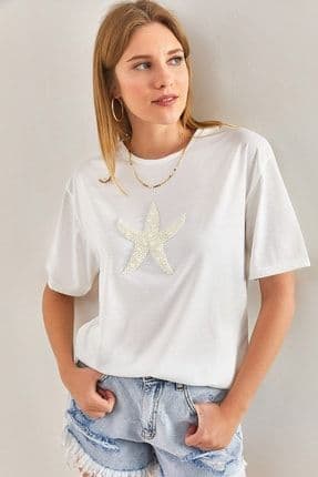 Kadın Yıldız Inci Taş Işlemeli Penye Tshirt