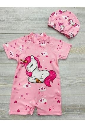 Kız Çocuk Tam Vücut Sırt Fermuarlı Mayo Sevimli Desen Baskılı Boneli Takım