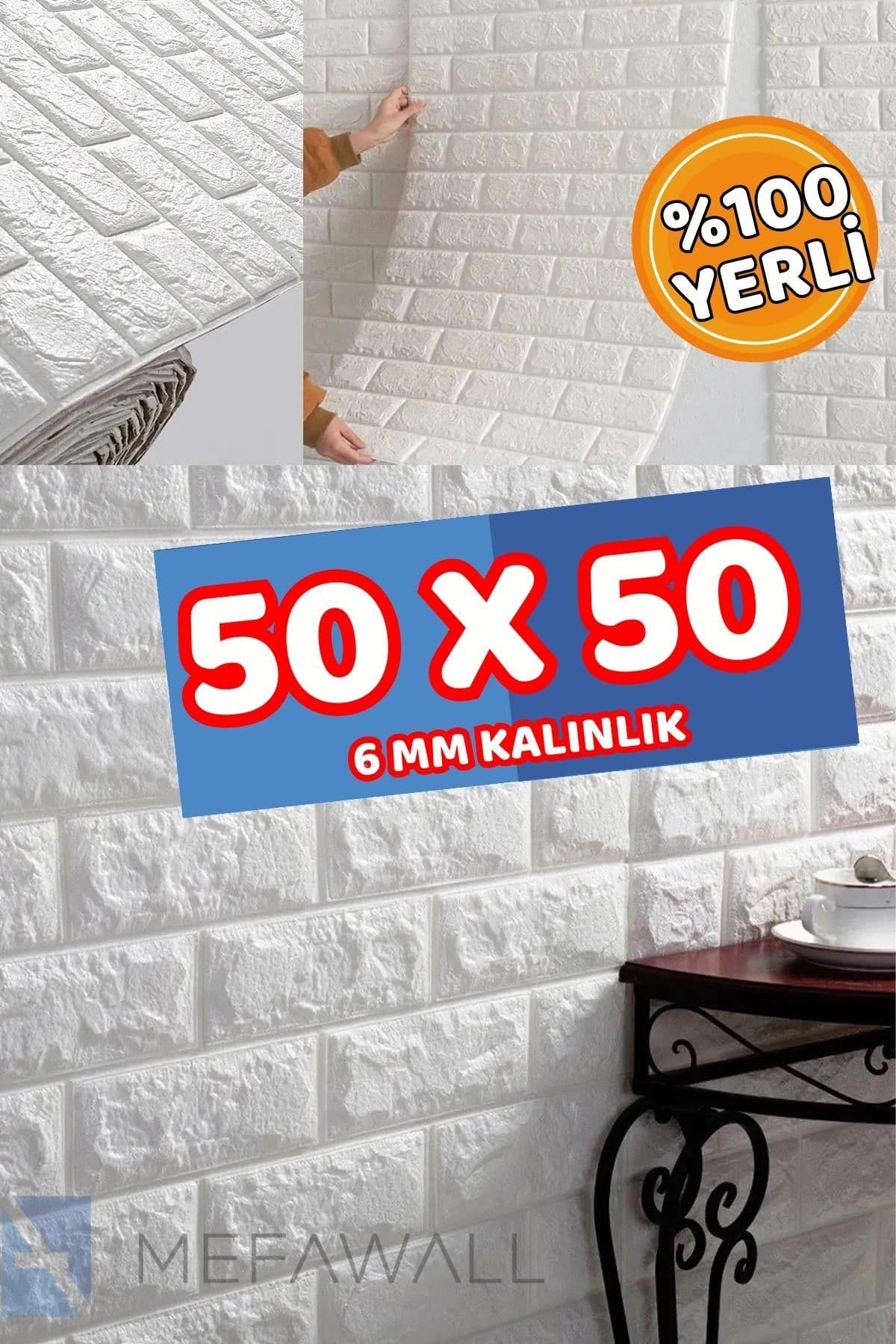 Mefawall 50x50 Cm 0,27 M² Kendinden Yapışkanlı Duvar Kağıdı Esnek Köpük Paneli 3D Boyutlu Tuğla Desen Beyaz
