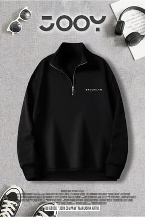 Jooy Company Yarım Fermuarlı Brooklyn Baskılı Siyah Sweatshirt