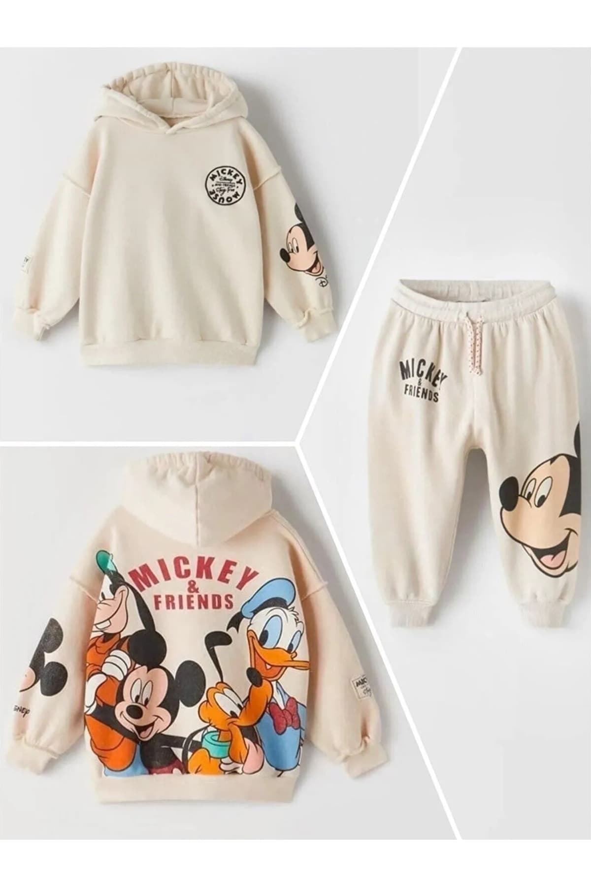 Bubito Mickey Mouse Görselli Kapüşonlu Bebek Çocuk Alt Üst Takım-bej
